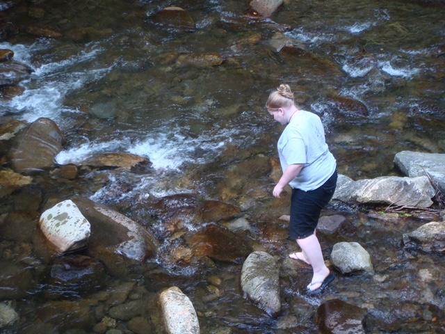 Heintooga Roundbottom Road wading in river