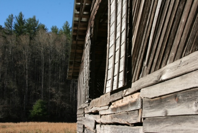 Weathered wood siding on a barn in Cataloochee